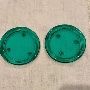 2 Green glass candle holder plates / stands or coasters for bar or wine glasses